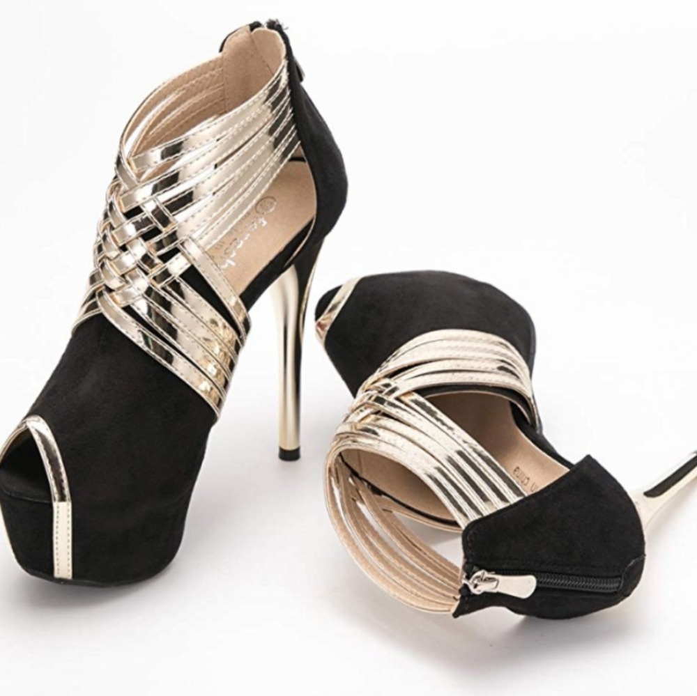 NWOB FERESHTE Black Gold Strap Peep Toe Heels. 6N